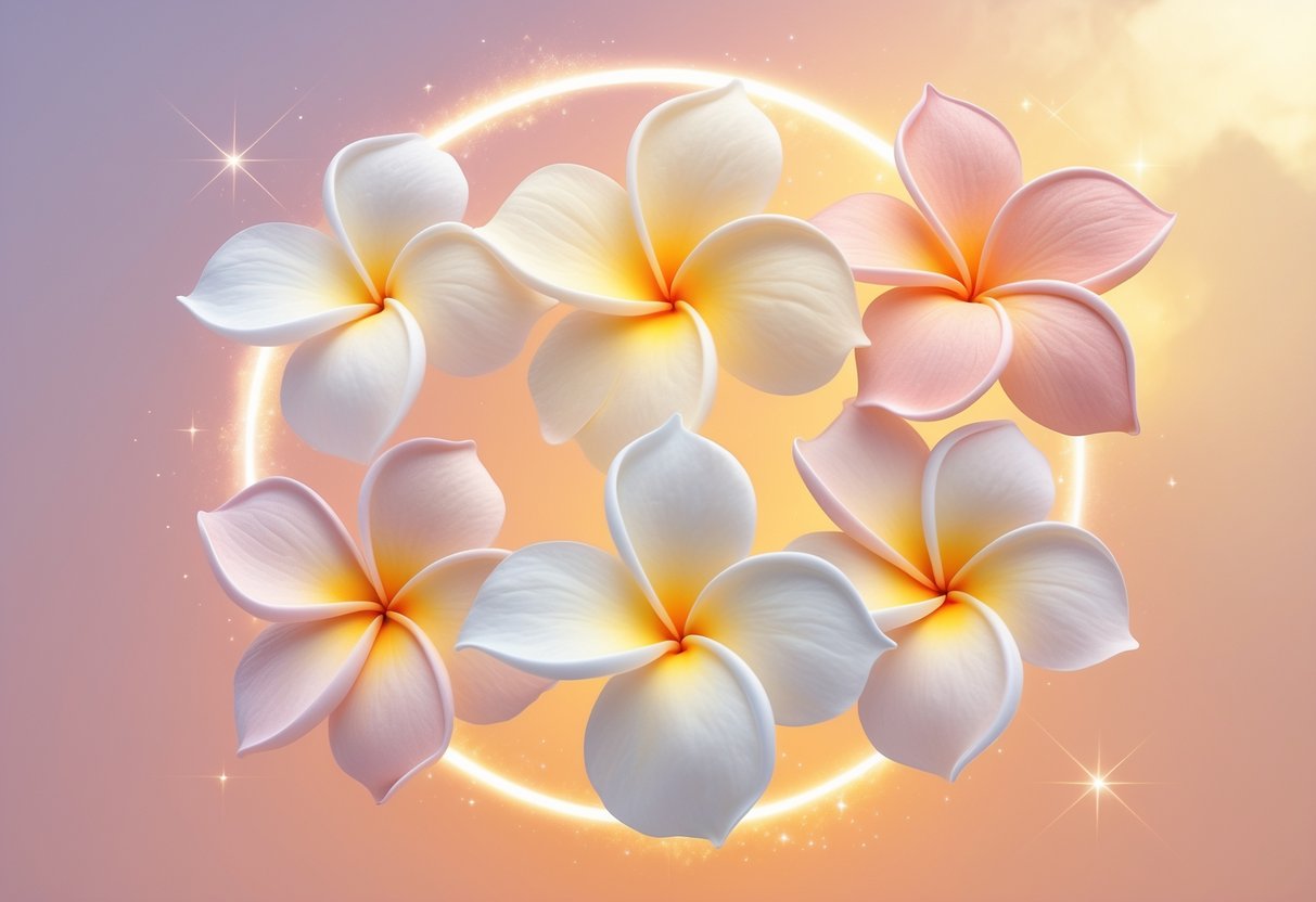 Five plumeria flowers arranged in a circle with soft petals in white, yellow, and pink tones against a warm, glowing background.