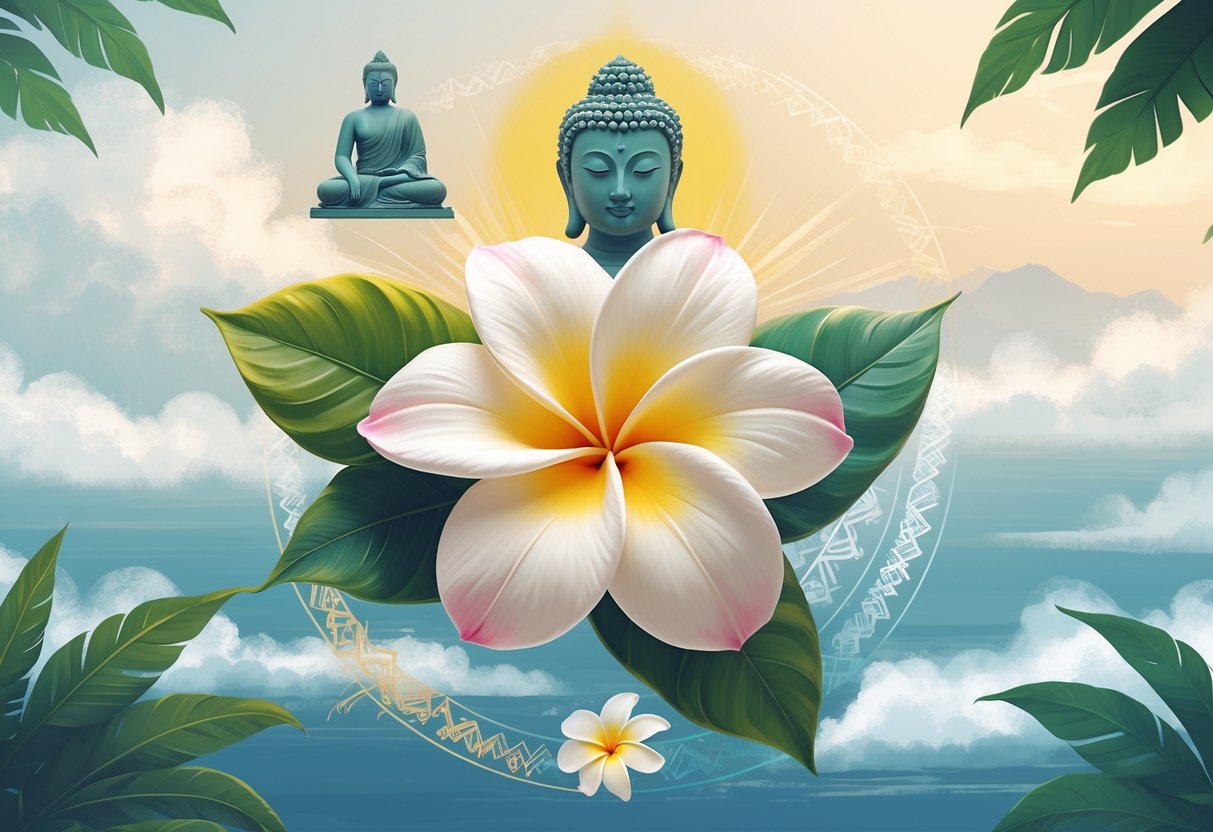 A blooming plumeria flower surrounded by cultural symbols including a Buddha statue, Polynesian patterns, tropical leaves, and a calm ocean horizon.