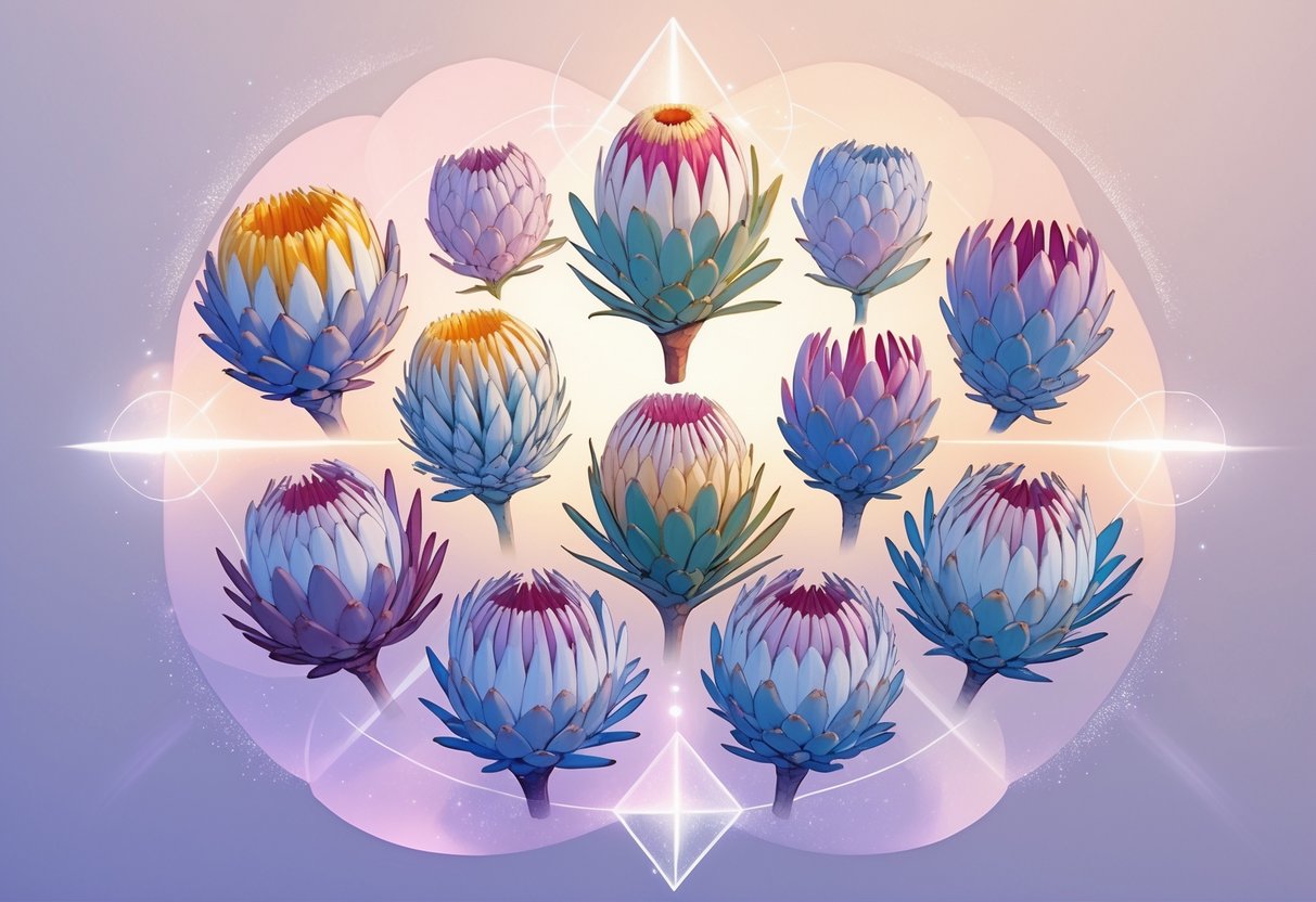 Eight vibrant protea flowers arranged in a circle with glowing light effects and a calming gradient background.