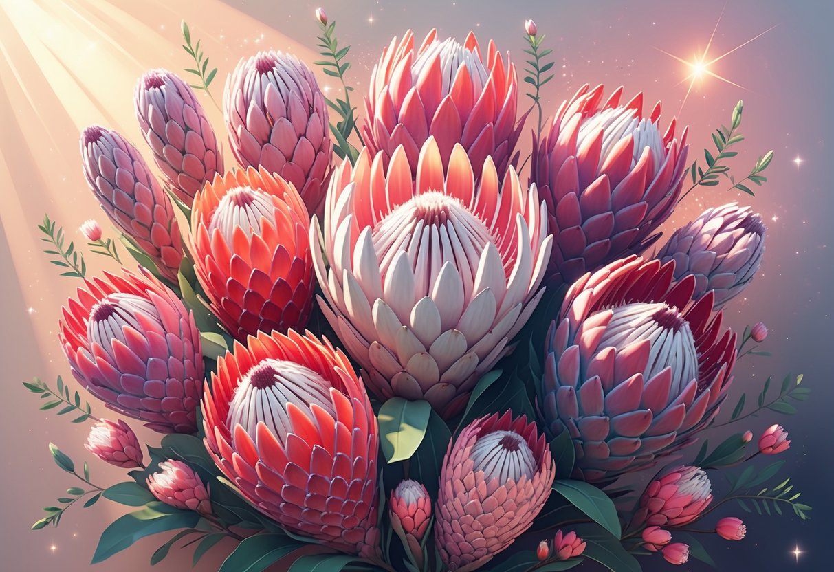 A colorful arrangement of blooming Protea flowers with glowing light and soft sparkles around them, set against a gentle gradient background.