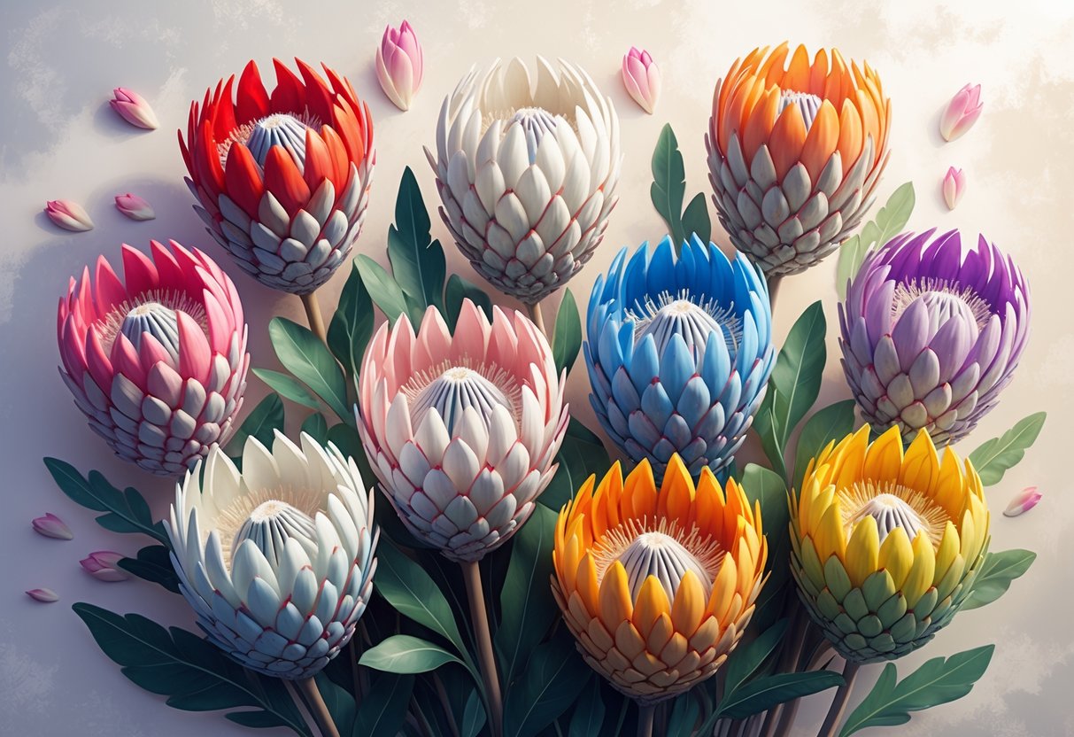 Eight colorful Protea flowers arranged together, each with distinct petals and colors representing different spiritual meanings.