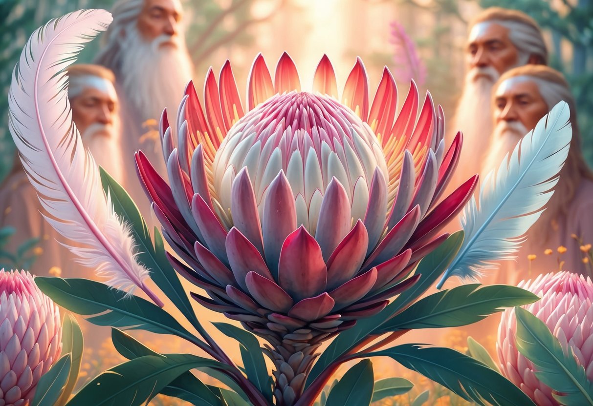 A vibrant Protea flower surrounded by glowing light, feathers, and faint ancestral figures representing its spiritual and cultural significance.