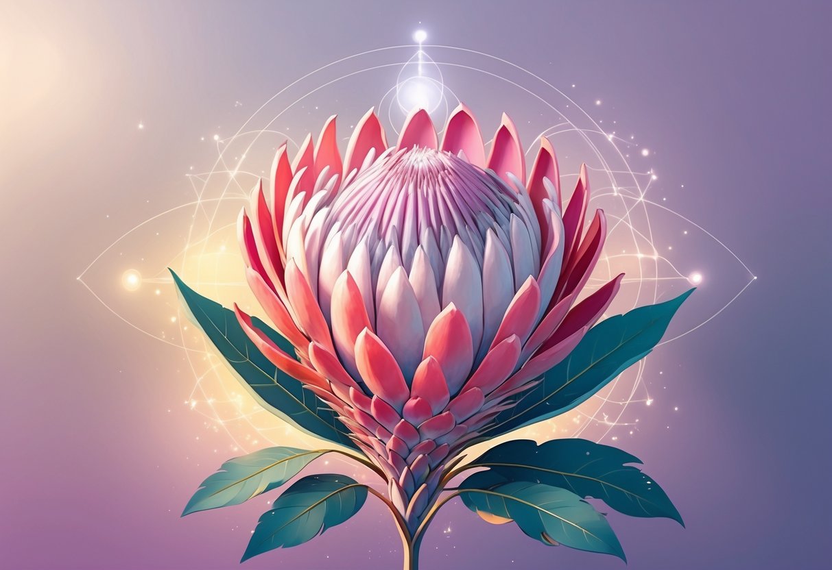 A vibrant protea flower surrounded by glowing geometric patterns and soft light orbs against a gradient background of purples, blues, and gold, evoking a sense of spirituality and calm.