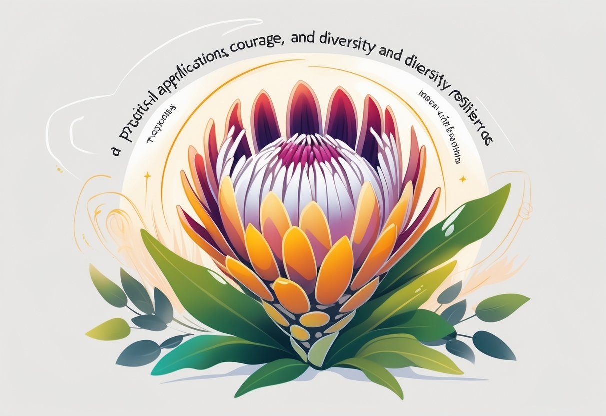 A vibrant Protea flower surrounded by abstract glowing shapes symbolizing transformation, courage, diversity, and resilience.