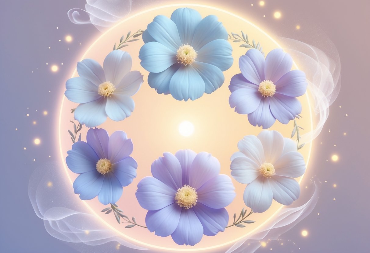 Six Scabiosa flowers arranged in a circle with soft glowing light and mist around them on a pastel background.