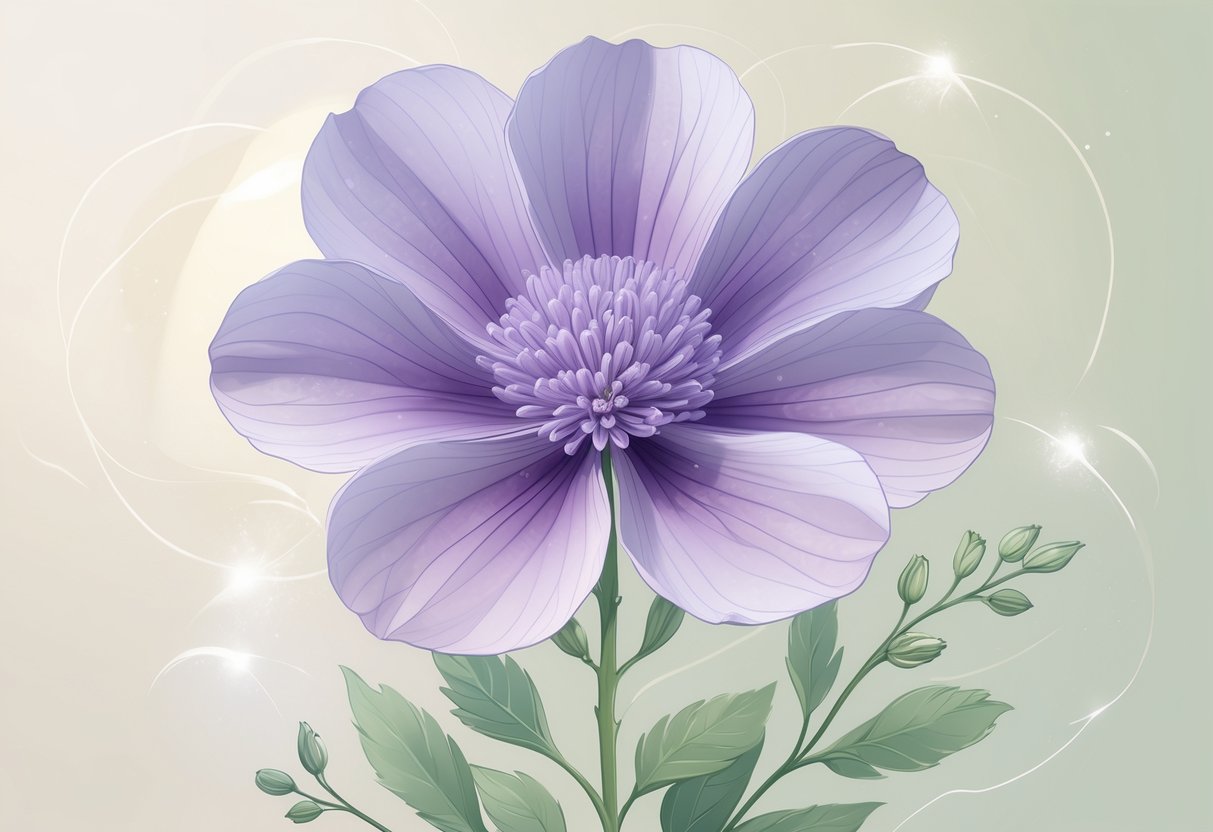 A detailed illustration of a Scabiosa flower with purple petals and green stems, surrounded by soft glowing lights and wisps symbolizing its spiritual significance.