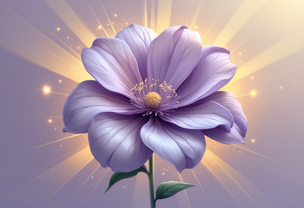 A close-up of a blooming purple Scabiosa flower surrounded by soft golden light and gentle glowing orbs.