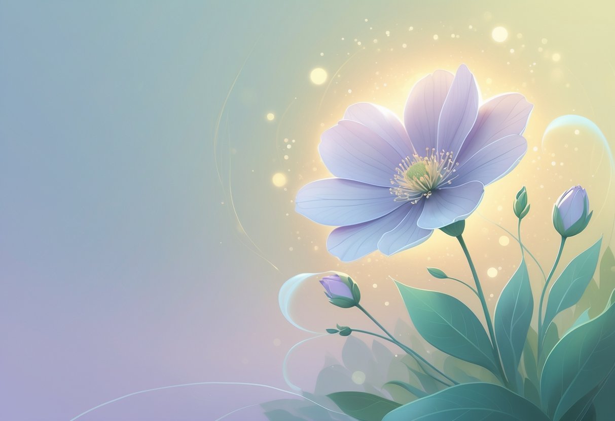 A single blooming Scabiosa flower surrounded by soft greenery and glowing light particles, symbolizing healing and restoration.