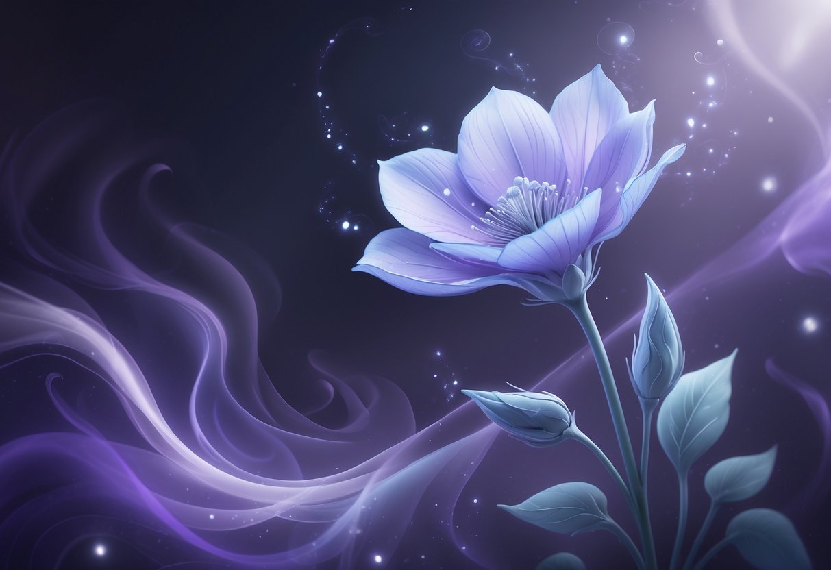 A single Scabiosa flower with lavender and pale blue petals surrounded by soft mist and glowing particles against a dark, blurred background.