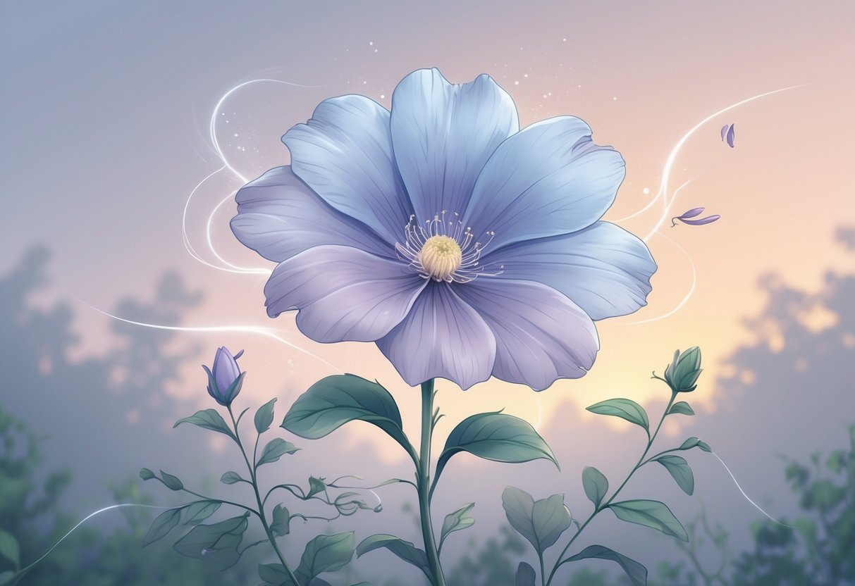 A blooming Scabiosa flower with soft lavender and blue petals surrounded by green leaves, glowing with gentle light against a softly colored background.