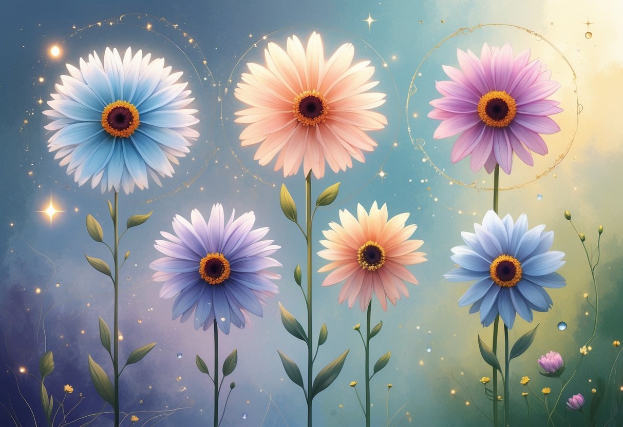 Six Scabiosa flowers arranged together, each with unique features symbolizing healing, remembrance, spiritual growth, purity, intuition, and joy, set against a soft, serene background.