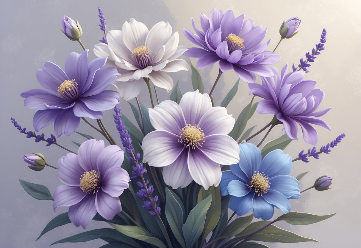 A bouquet of seven statice flowers in different colors arranged together, symbolizing various spiritual meanings.