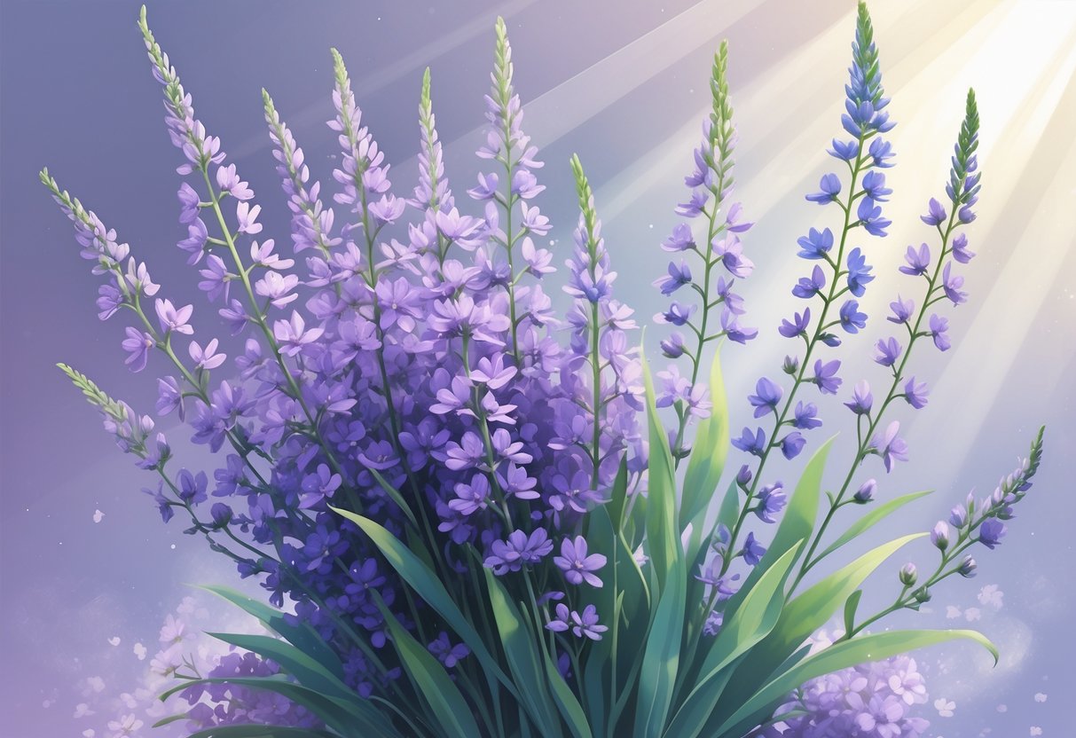 A detailed illustration of purple and blue statice flowers with green stems against a soft glowing background.