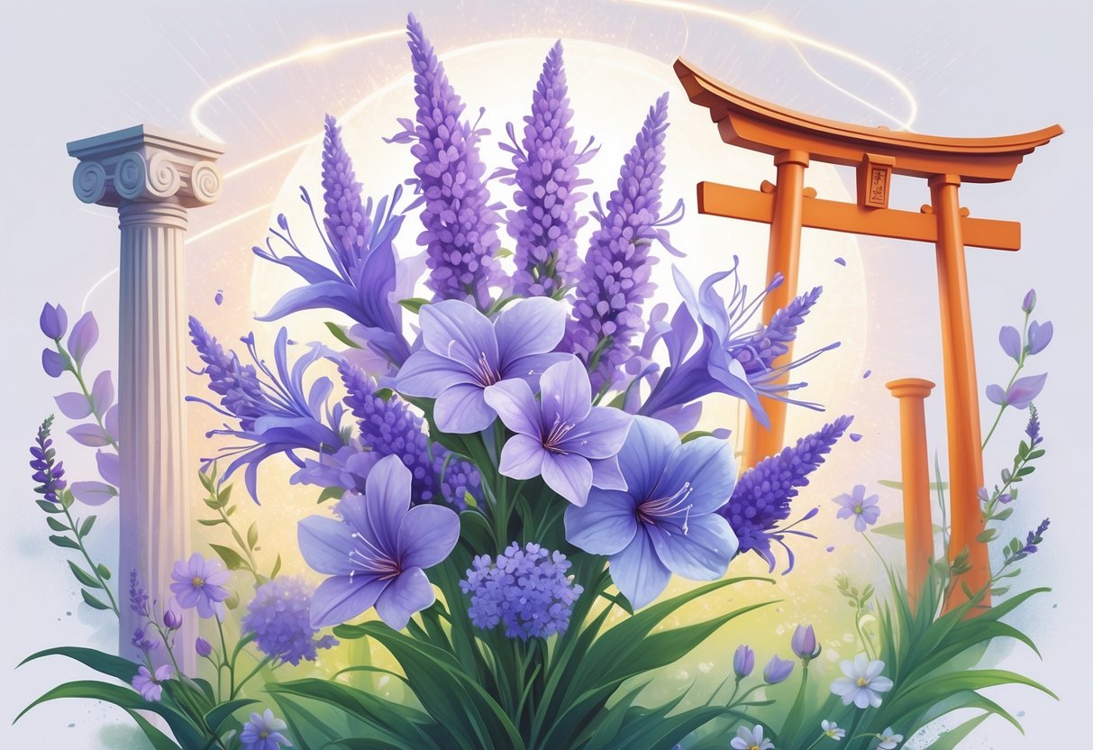 A cluster of purple statice flowers surrounded by symbols from different cultures, including a Greek column, Japanese torii gate, and Celtic knot, with a soft glowing aura and pastel background.