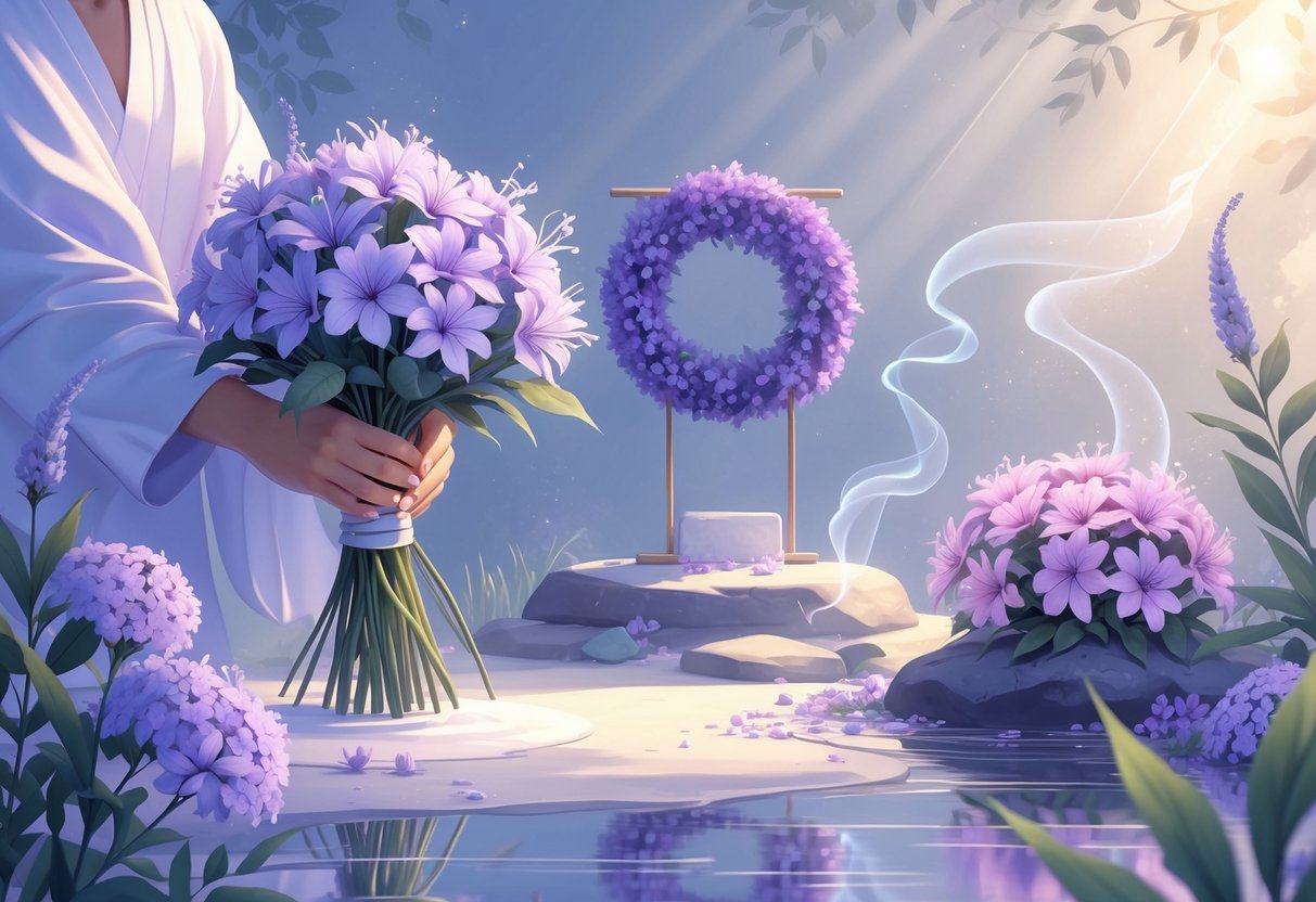 A peaceful scene showing Statice flowers used in wedding, meditation, and memorial settings, surrounded by gentle light and natural elements.
