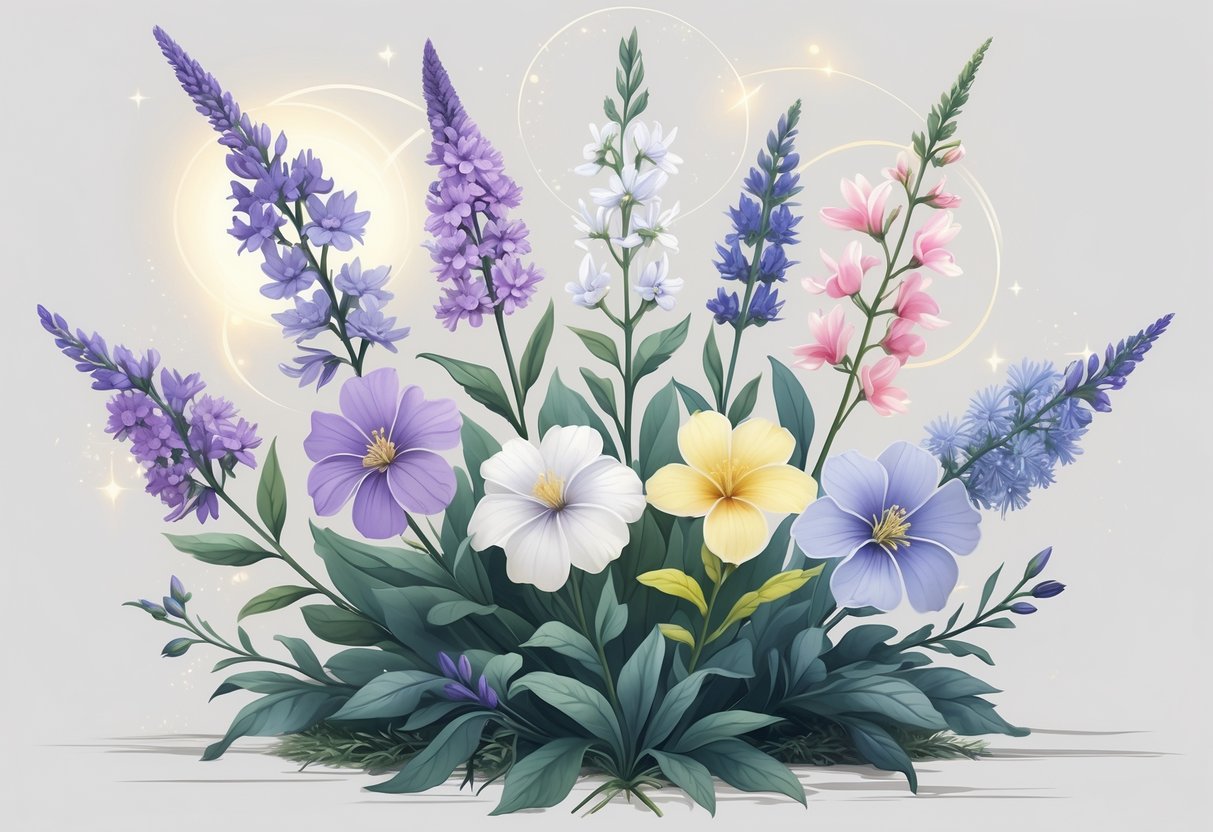 Seven different varieties of Statice flowers displayed together with detailed petals and leaves, surrounded by gentle light effects symbolizing their spiritual meanings.