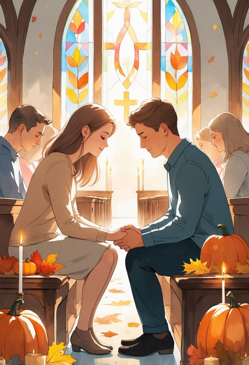 A couple sitting together in a church, holding hands during a Thanksgiving prayer service surrounded by autumn decorations.