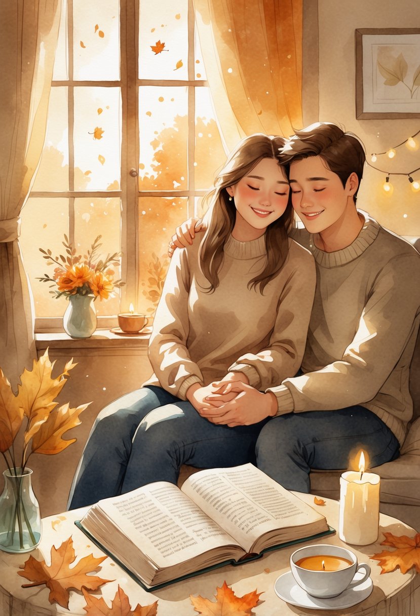 A couple sitting together holding hands at a small table with a devotional book, candle, and autumn leaves, surrounded by warm light and cozy decorations.