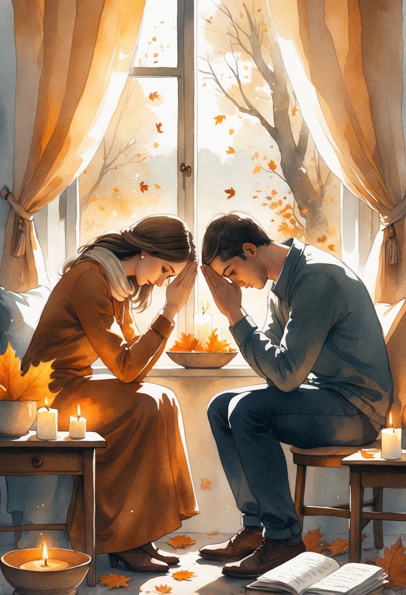A couple sitting together holding hands and praying in a cozy room with candles and autumn leaves, surrounded by soft natural light and a peaceful garden outside.