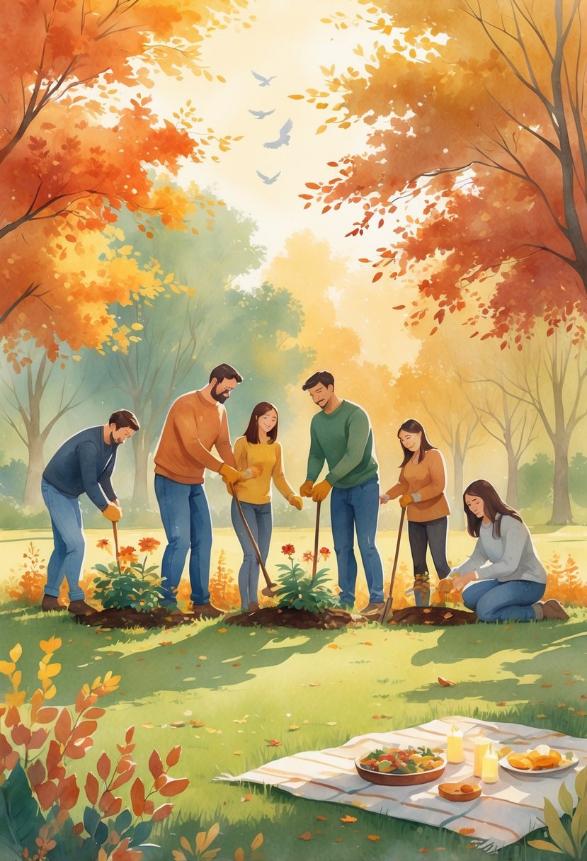 A couple planting flowers and trees with other community members in a park surrounded by colorful autumn trees, sharing a peaceful moment together.