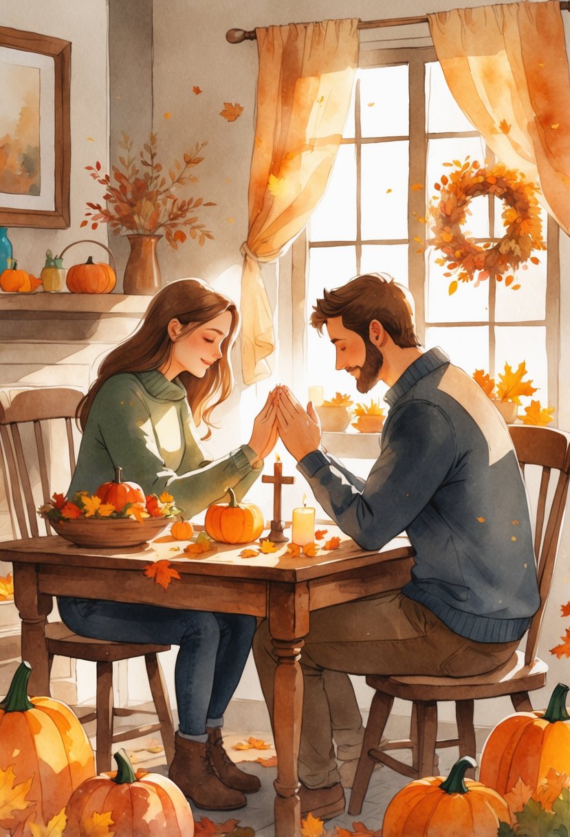 A couple sitting at a decorated table holding hands and praying together with a Bible, candles, and autumn harvest items around them.