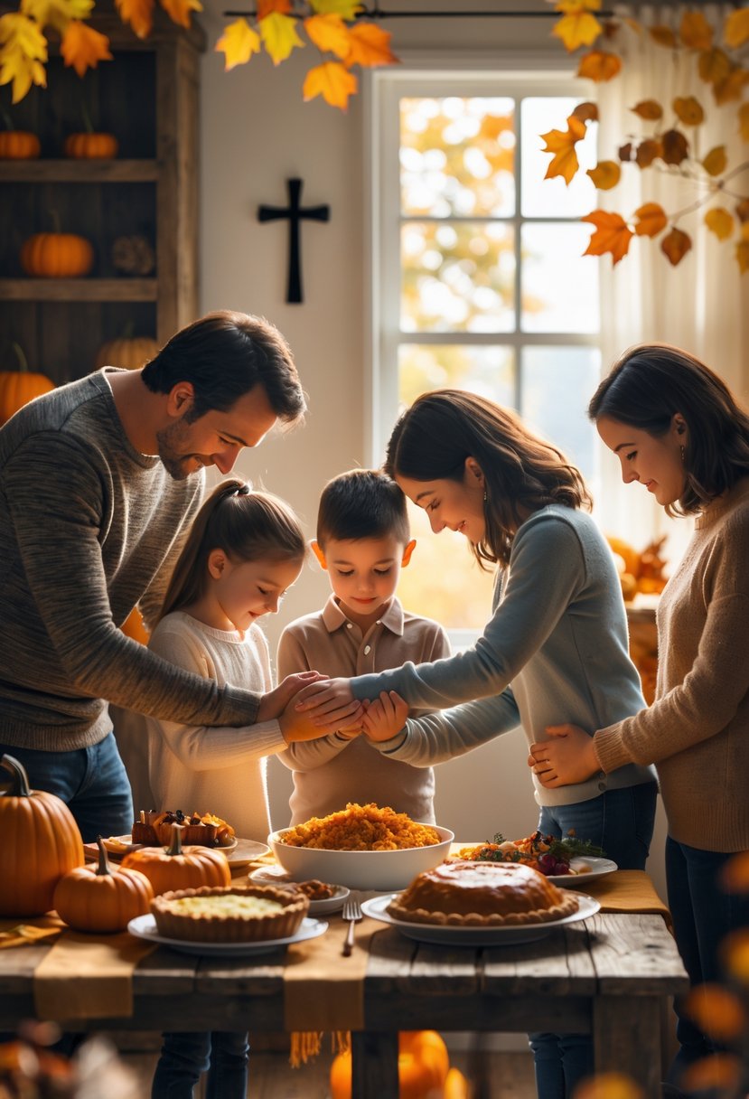 A family with parents and children holding hands around a table filled with Thanksgiving food, bowing their heads in prayer in a cozy room decorated with autumn leaves and pumpkins.
