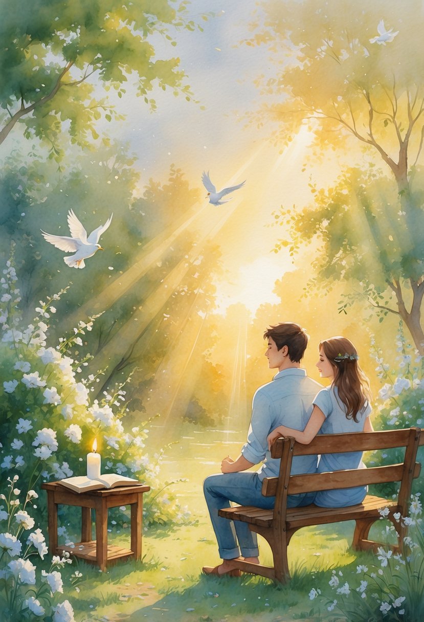 A couple sitting on a bench in a garden at sunset, holding hands and surrounded by flowers and trees.