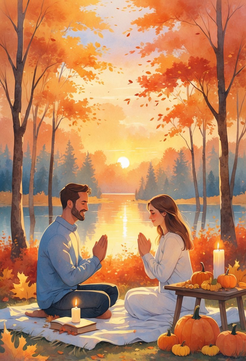 A couple sitting outdoors on a blanket surrounded by autumn leaves, holding hands in prayer near a small table with a candle and harvest decorations by a calm lake at sunset.