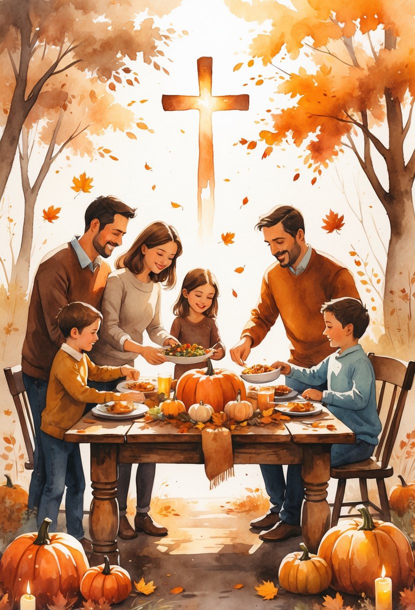 A family with children gathered around a decorated Thanksgiving table, preparing and sharing a meal together with autumn decorations and a subtle cross in the background.