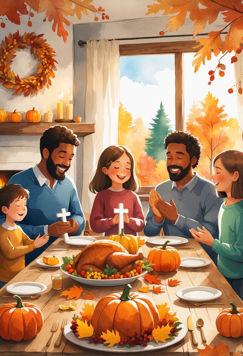 A family with children gathered around a table with Thanksgiving food, sharing a prayer and holding a small cross, in a cozy home decorated for fall.