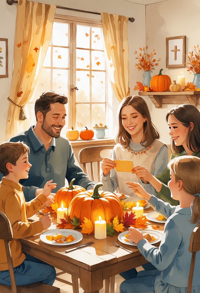 A family with parents and children gathered around a table decorated for Thanksgiving, playing games and talking together in a cozy home.