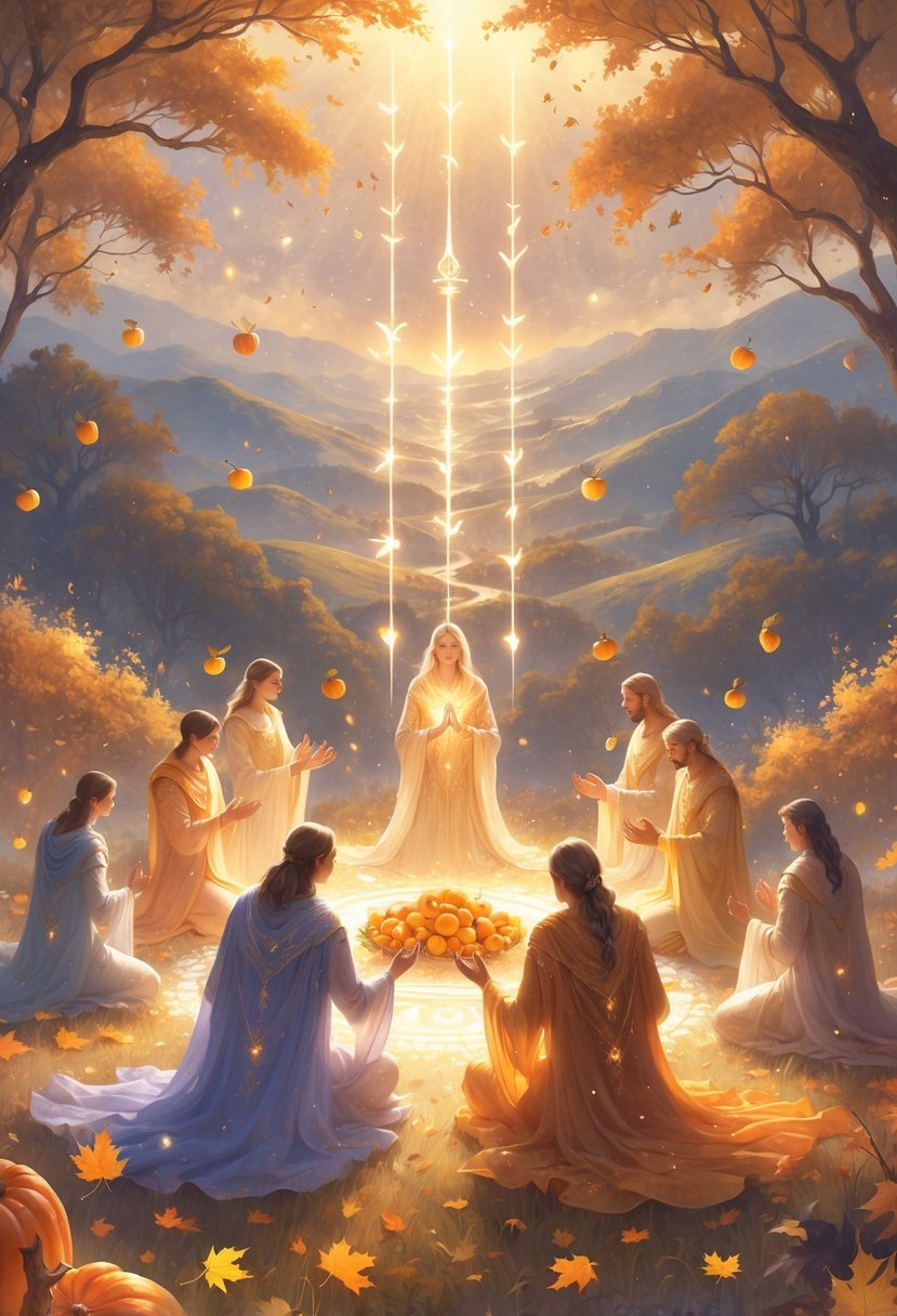 A group of glowing figures in flowing robes gather in a glowing landscape with floating fruits and swirling leaves under a starry sky, symbolizing gratitude and unity.