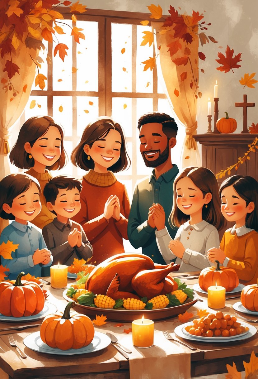 A family with children holding hands in prayer around a Thanksgiving table filled with autumn foods and decorations, with a small cross and Bible visible nearby.