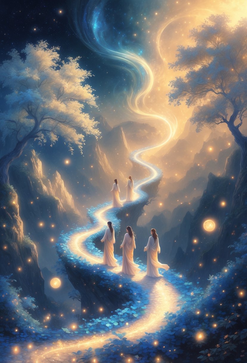 A glowing pathway winds upward through a magical landscape with radiant figures ascending beneath a starry sky, surrounded by glowing trees and soft light.