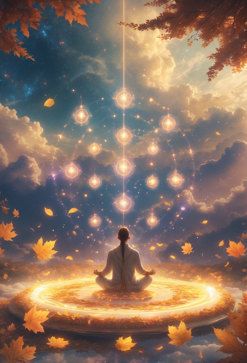 A serene figure sits cross-legged on a glowing platform surrounded by floating autumn leaves and glowing orbs, beneath a starry sky with swirling clouds and soft beams of light.