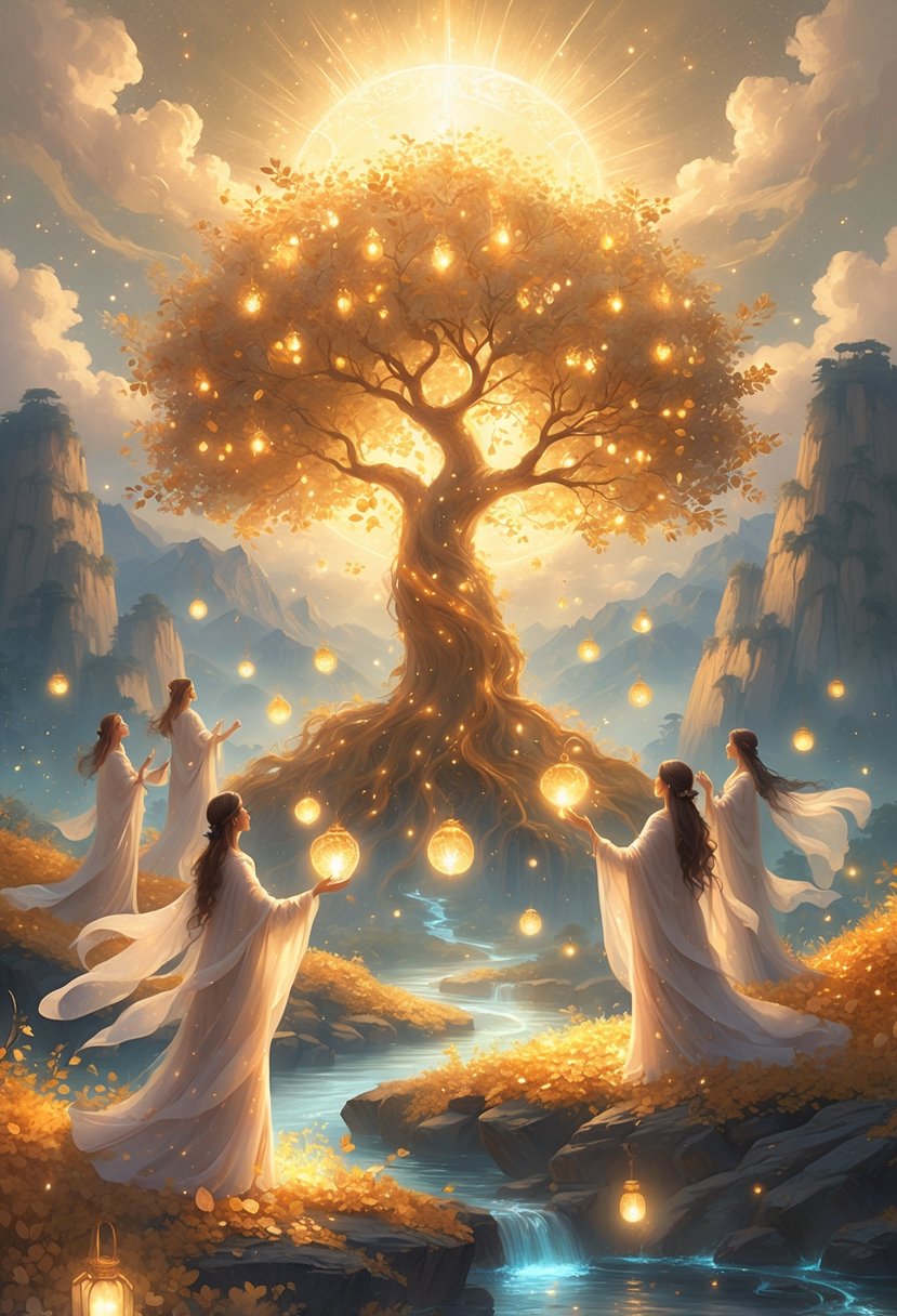 A glowing ancient tree with luminous fruits surrounded by serene figures exchanging radiant lights beneath a starry sky, with mountains and a river in the background.