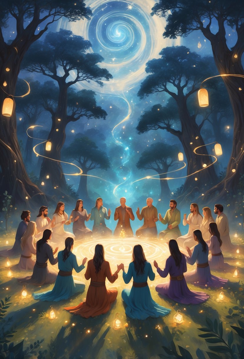 A group of glowing figures standing in a circle in a mystical forest clearing under a starry sky, surrounded by floating lights and ancient trees.