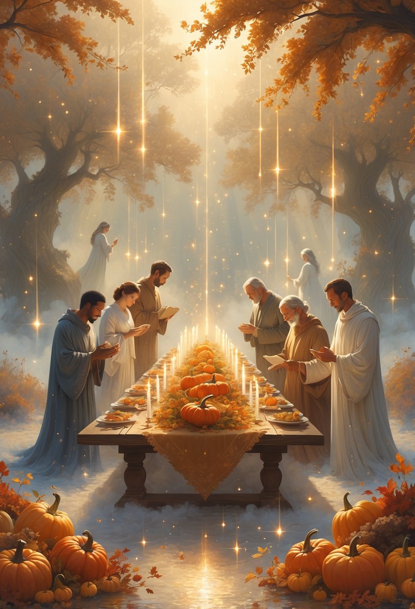 A group of adults gathered around a glowing table with autumn decorations, engaging in prayer and spiritual activities in a peaceful outdoor setting surrounded by tall trees.