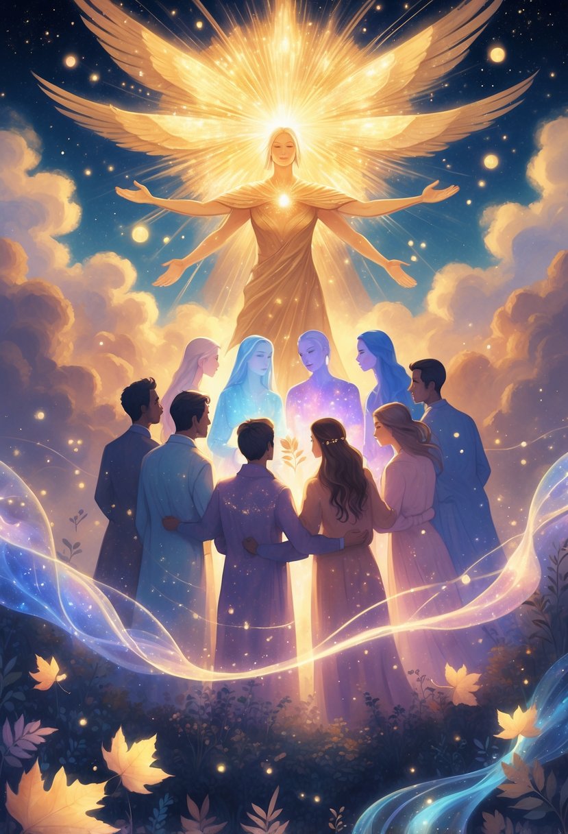 A glowing celestial figure embraces diverse people surrounded by floating lights and leaves under a starry sky, symbolizing compassion, empathy, and generosity.
