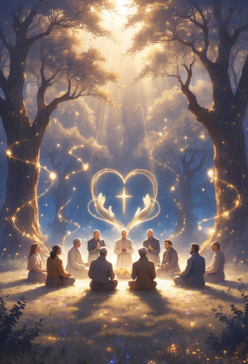 A group of adults sitting in a circle in a glowing forest clearing, surrounded by soft light and floating symbols, under a starry sky with glowing constellations.