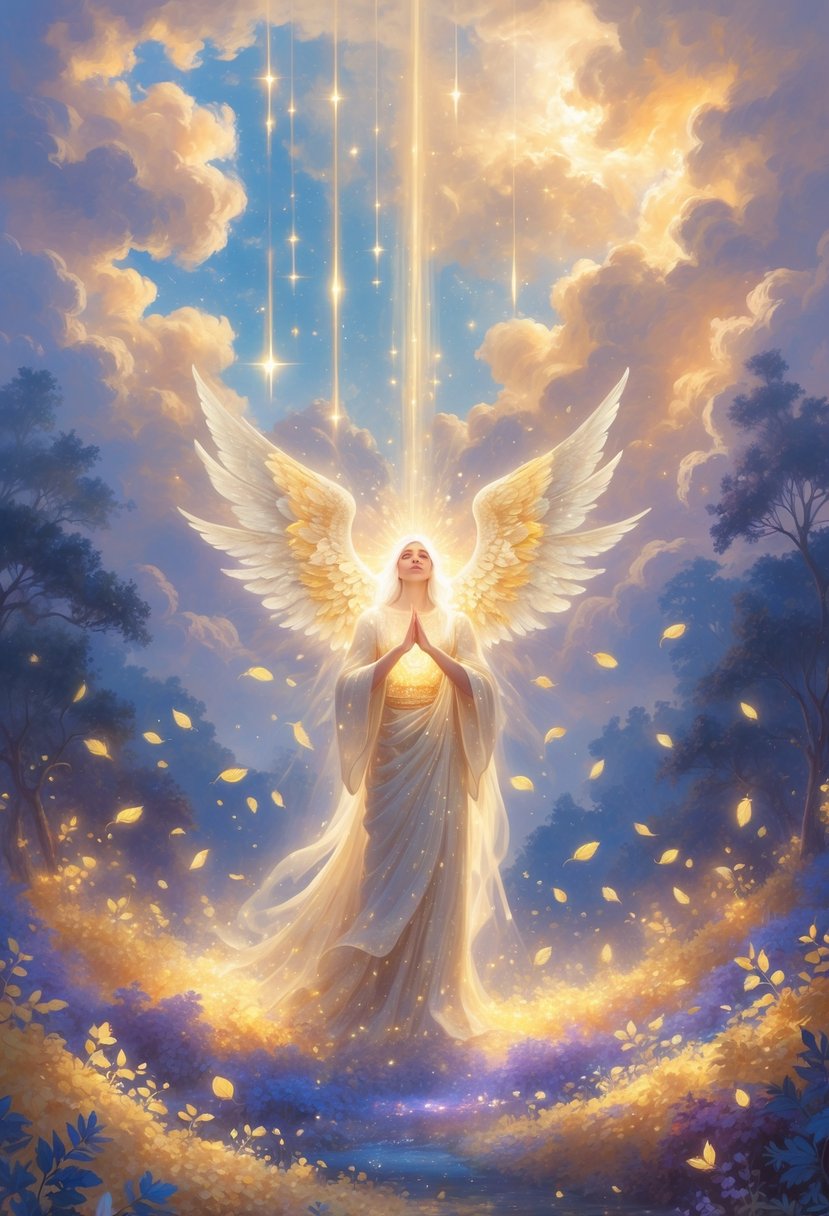A glowing figure stands peacefully in a magical forest with floating leaves and gentle light beams under a radiant sky filled with stars and clouds.