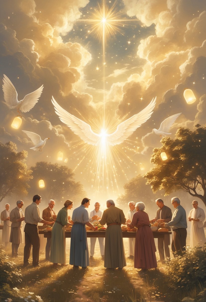 A group of adults helping each other and sharing food in a glowing, magical outdoor setting during a Thanksgiving gathering.