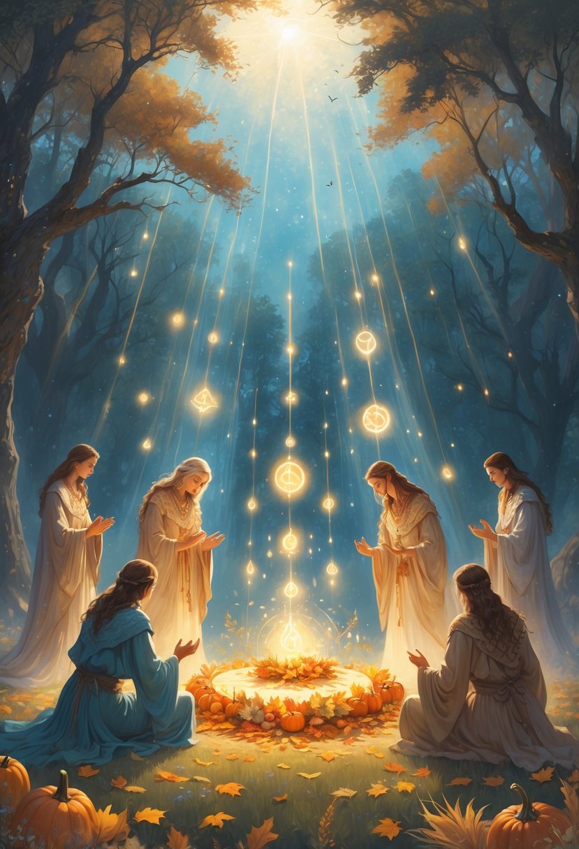 A glowing forest clearing where robed figures perform a sacred ritual around an altar decorated with harvest items under a starry sky.