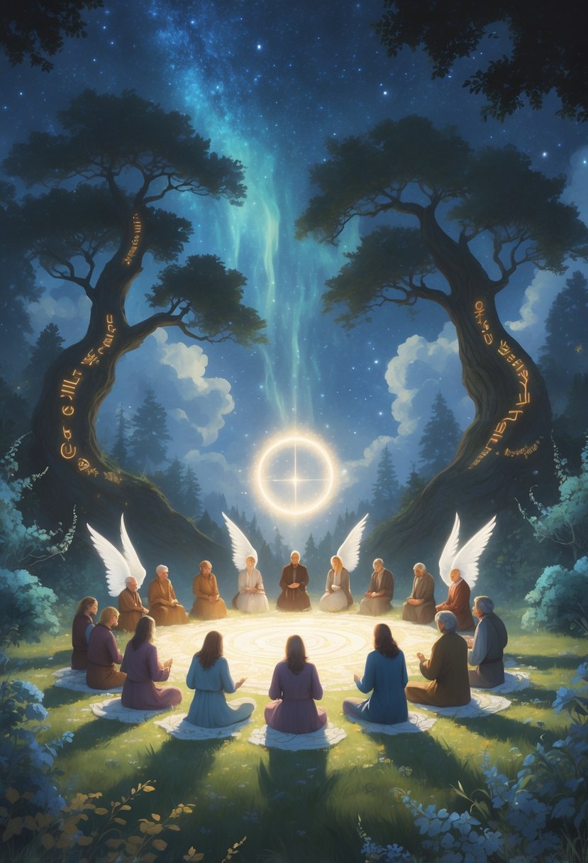 A group of adults gathered in a glowing forest clearing, sitting in a circle around a floating light orb, surrounded by glowing plants and tall trees under a starry sky.