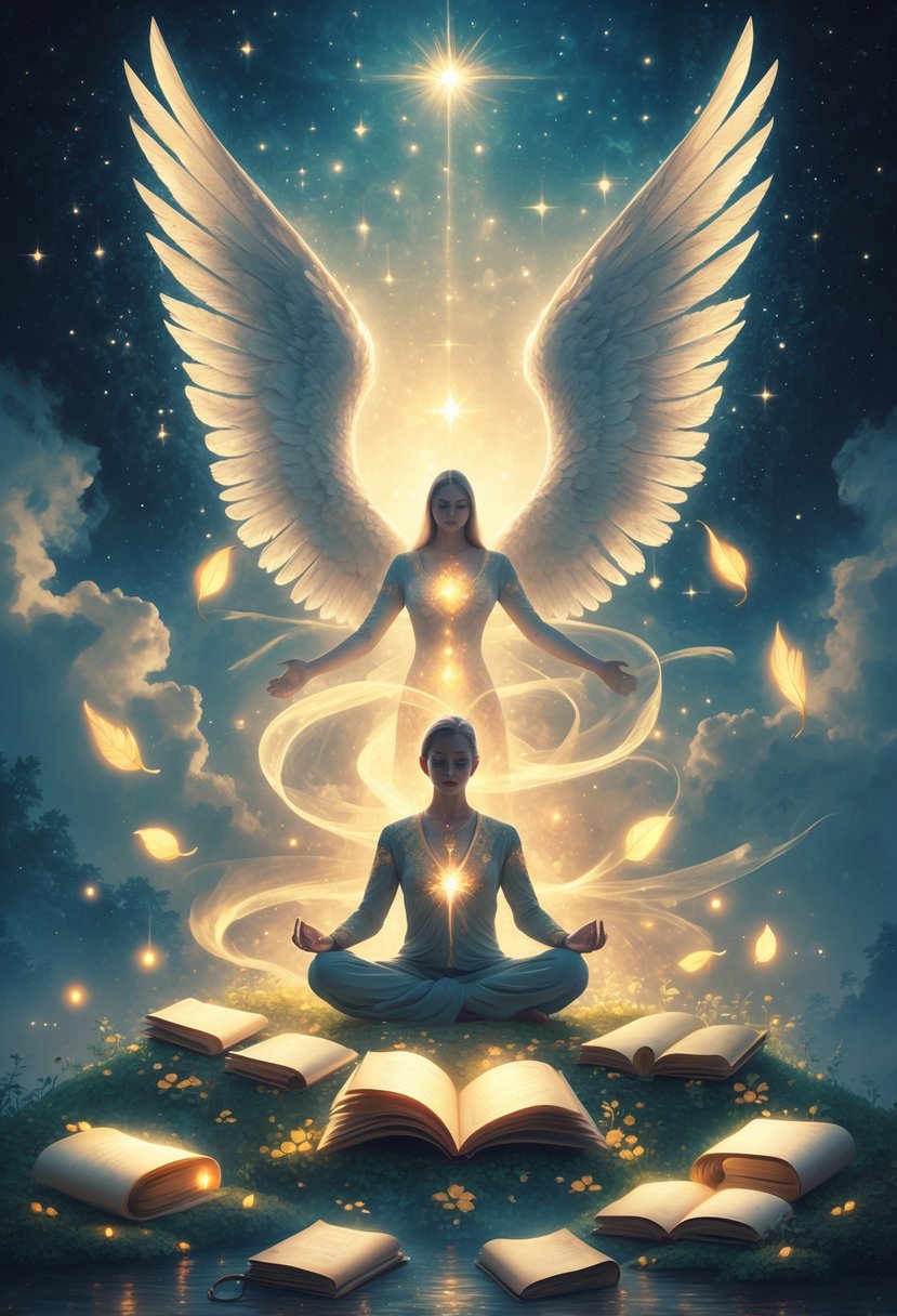A serene figure meditating surrounded by glowing journals, floating symbols of gratitude, and a starry sky with translucent wings spreading behind them.