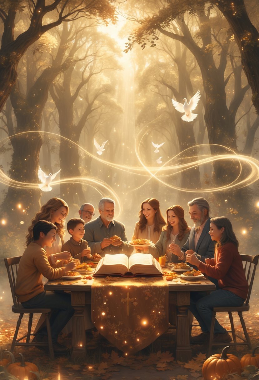 A family gathered around a glowing Bible in a magical forest clearing, sharing joyful Thanksgiving activities surrounded by soft golden light and gentle spiritual symbols.