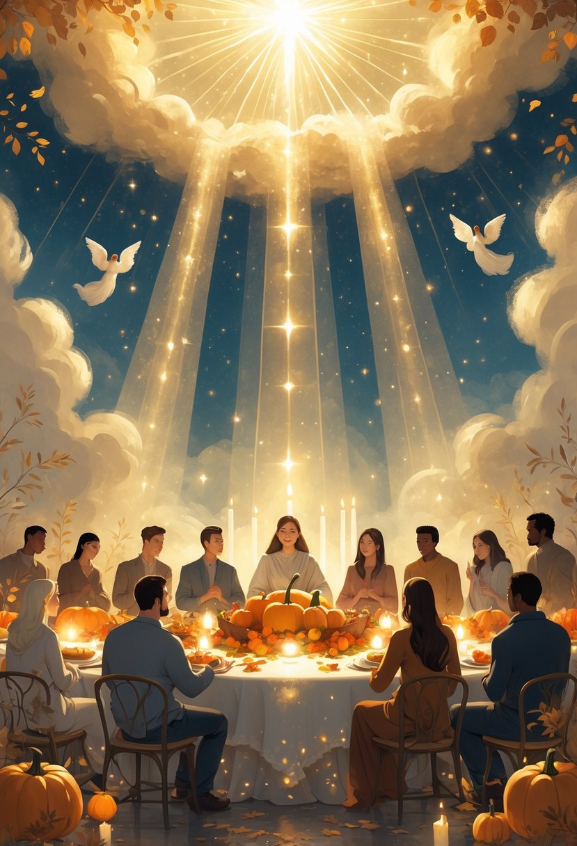 A group of people gathered around a glowing table filled with autumn harvest, surrounded by soft light and angelic figures in a starry sky.