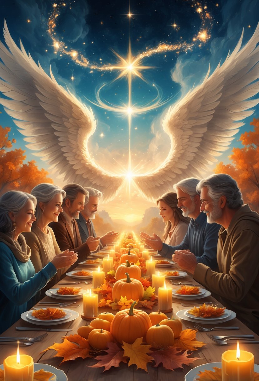 A group of adults gathered around a glowing Thanksgiving dinner table in a peaceful, starry outdoor setting, sharing a moment of connection and gratitude.