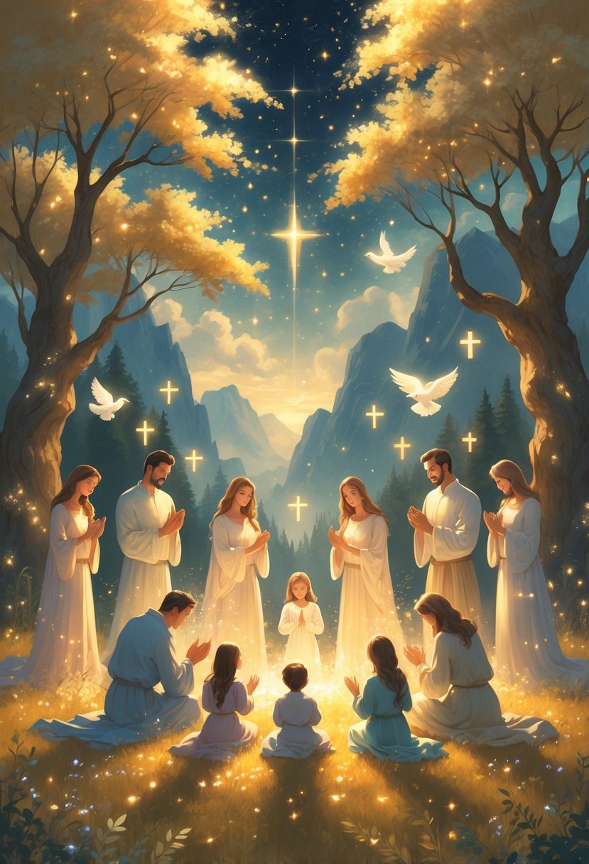 A family praying together in a glowing forest clearing under a starry sky, surrounded by angelic figures and symbols of faith.