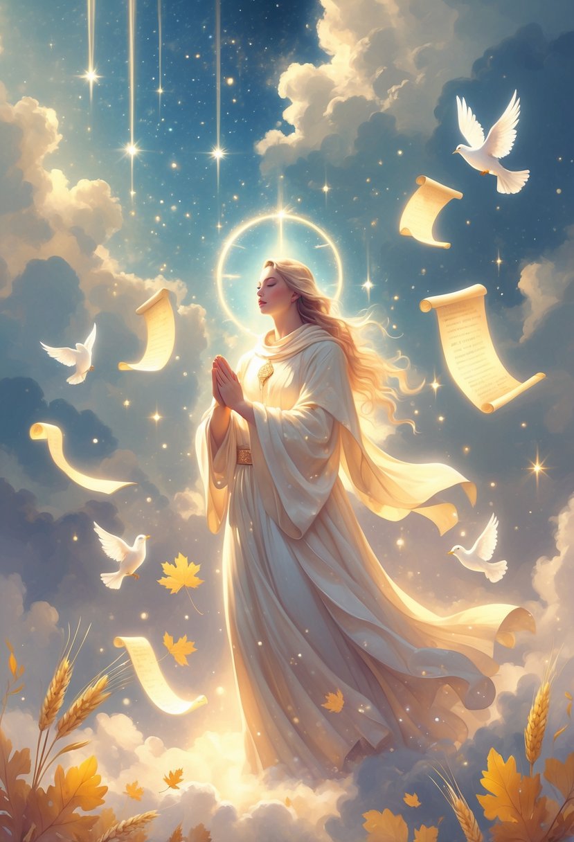 A glowing figure in flowing robes stands in prayer surrounded by floating scrolls and symbols of faith, with stars and beams of light in the sky above.